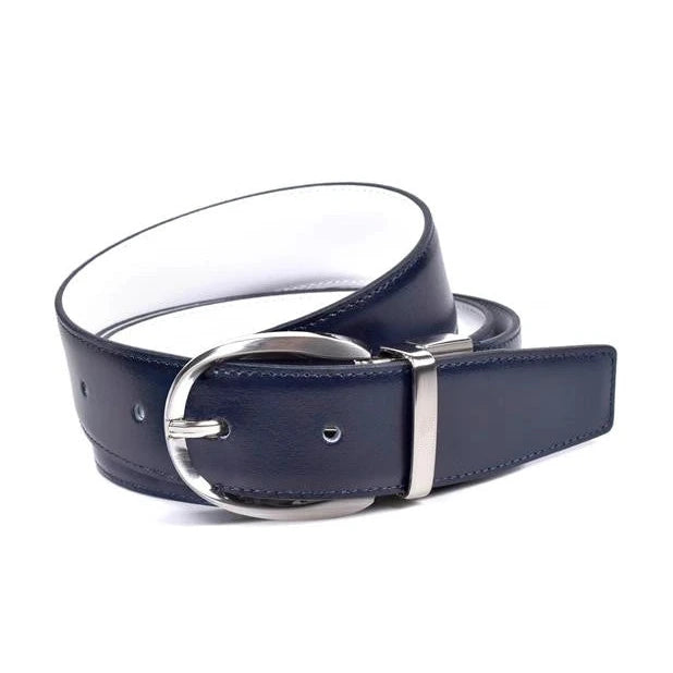 cinturon reversible azul marino con interior blanco y hebilla oval de niquel