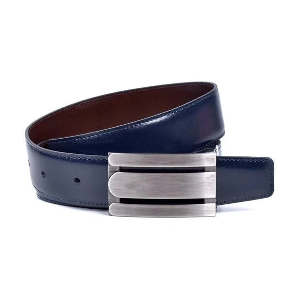 cinturon reversible azul con interior marron y hebilla de placa satinada