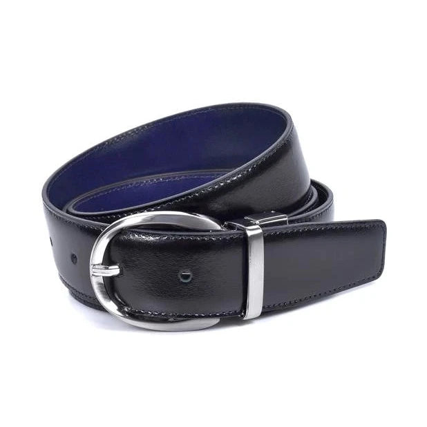 cinturon reversible negro con interior azul y hebilla oval de niquel