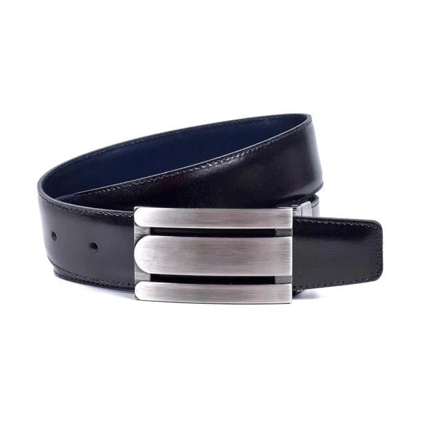cinturon reversible negro con interior azul y hebilla de placa satinada