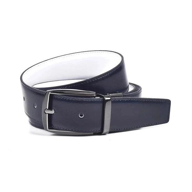 cinturon reversible de piel azul con interior blanco y hebilla de broche en niquel negro