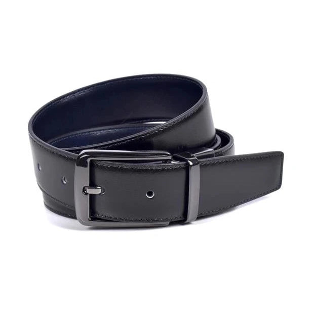 cinturon reversible negro con interior azul marino y hebilla rectangular en niquel satinado
