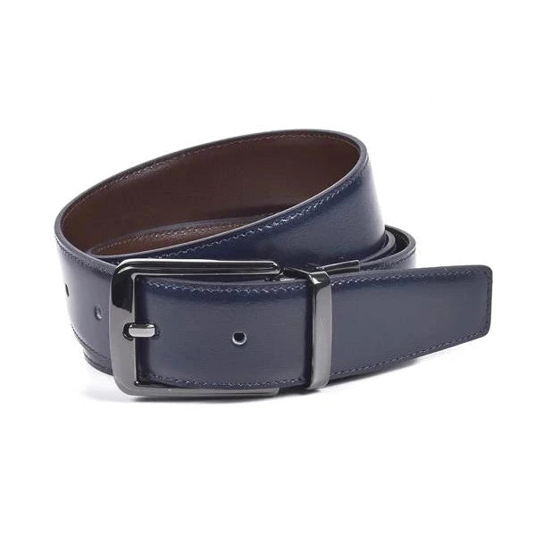 cinturon reversible azul marino con interior marron y hebilla rectangular en niquel satinado