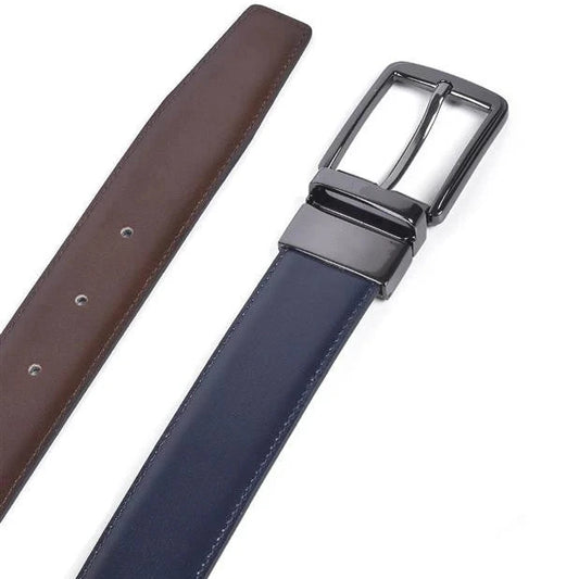 vista superior de la tira azul con reverso marron y hebilla rectangular en niquel satinado