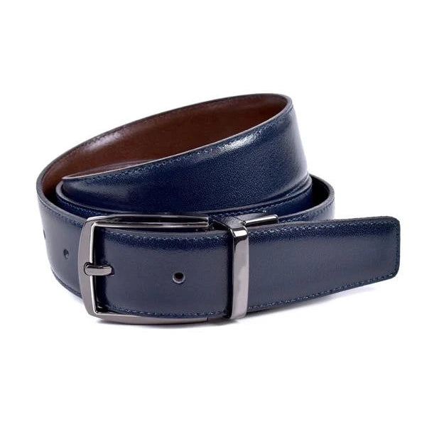 cinturon reversible de piel azul con interior marron y hebilla de broche en niquel negro