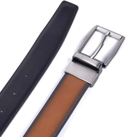 Cinturón reversible de piel negro y cuero marrón 32mm con hebilla de níquel plateado