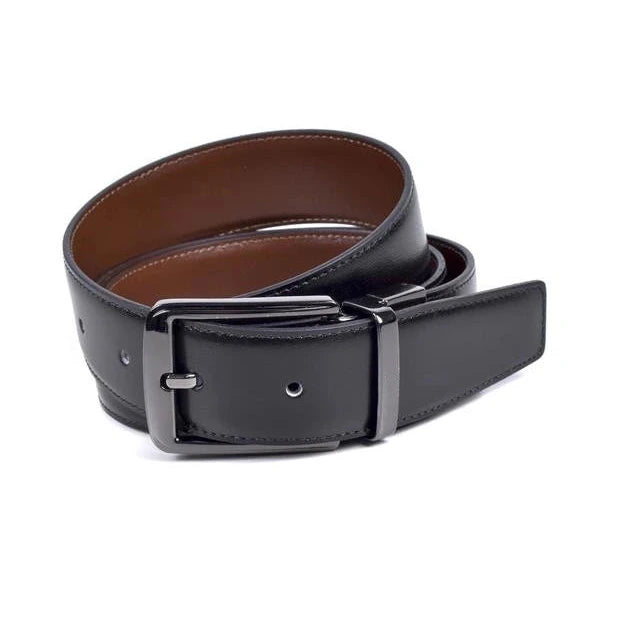 cinturon reversible de piel negro enrollado con hebilla rectangular niquel satinado e interior marron