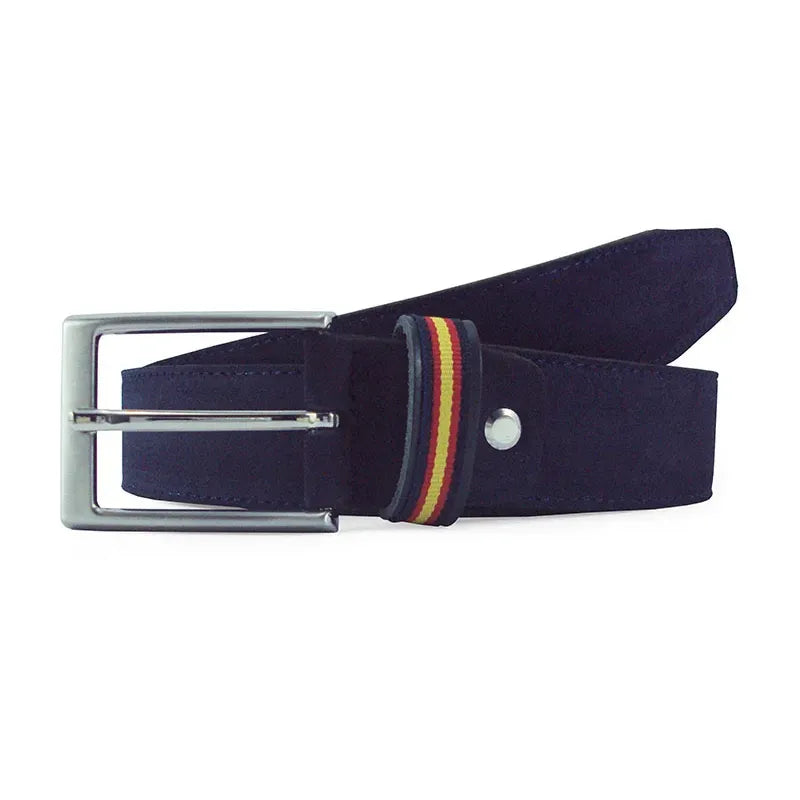 cinturon de serraje azul con hebilla rectangular y pasador bandera espana vista frontal