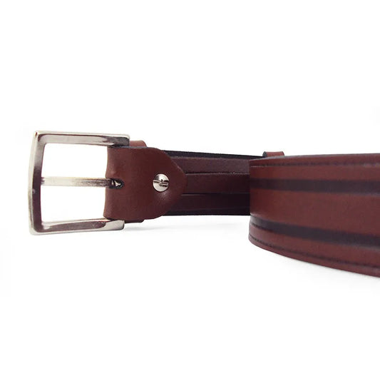 cinturon de serraje negro con franjas en relieve vista tres cuartos con hebilla rectangular niquel