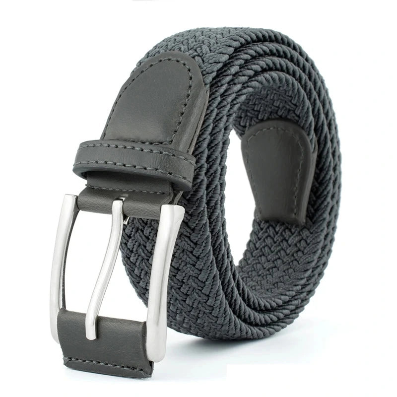 Cinturón trenzado elástico gris claro para hombre con hebilla metálica y diseño sin perforaciones