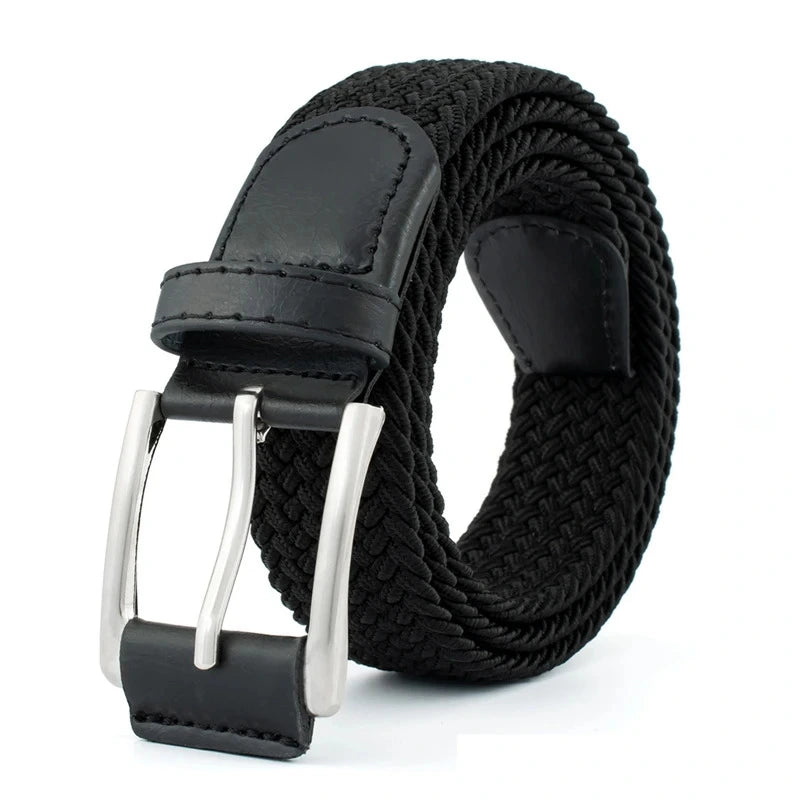 Cinturón trenzado negro elástico con hebilla metálica sin agujeros, diseño cómodo y resistente