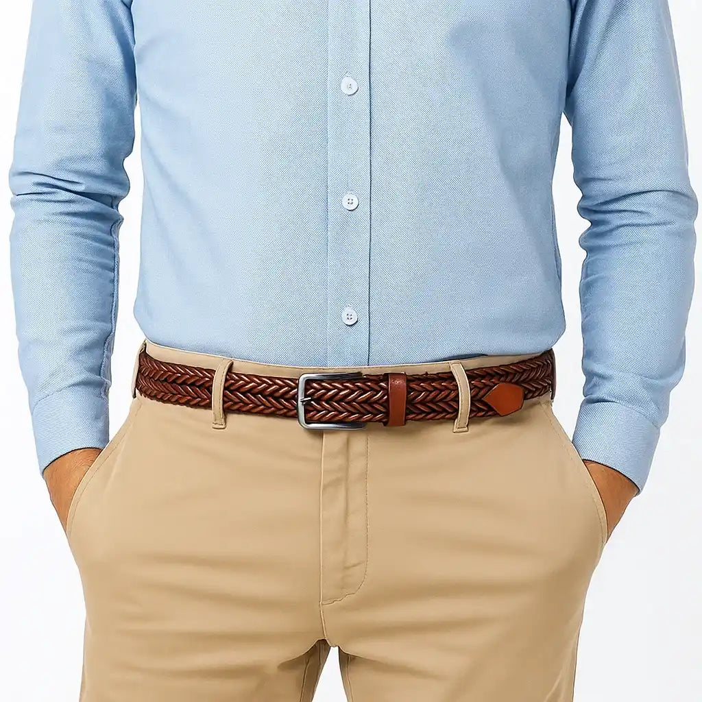 Cinturón trenzado marrón claro para hombre, ideal para estilo casual con pantalones beige