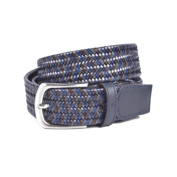 cinturon trenzado de piel azul y gris enrollado con hebilla niquel