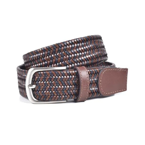 cinturon trenzado de piel azul gris y marron extendido con hebilla niquel