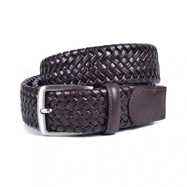cinturon trenzado de piel marron chocolate enrollado con hebilla niquel negro