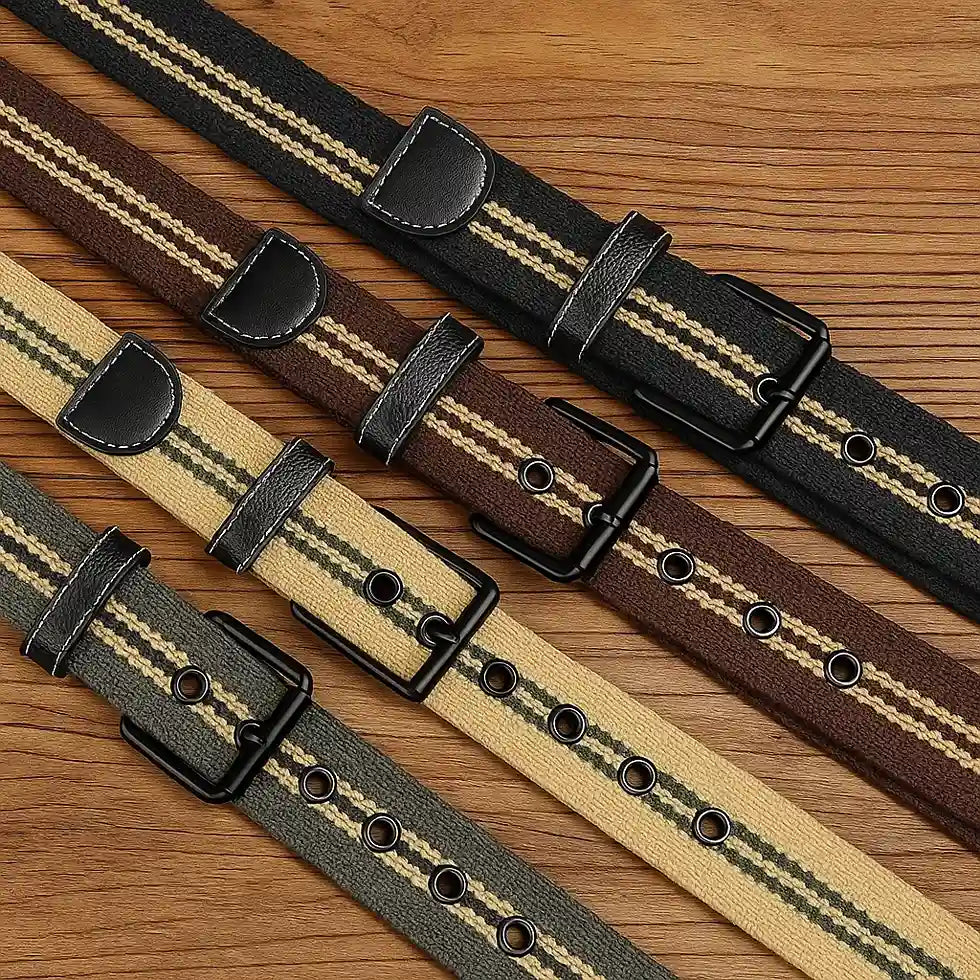 cinturones de lona extendidos en varios colores con rayas y hebilla metálica negra