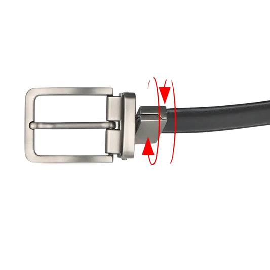 Vista lateral del cinturón mostrando el sistema giratorio de la hebilla reversible