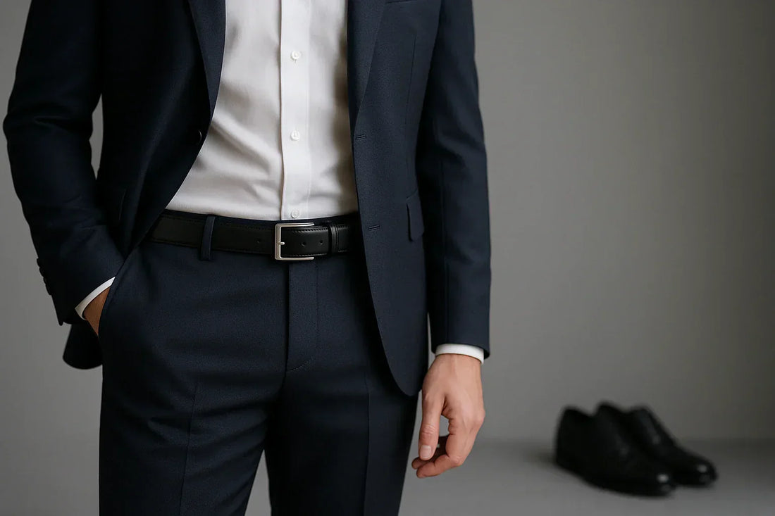 Cinturón negro para traje de hombre con hebilla rectangular — Beltrium
