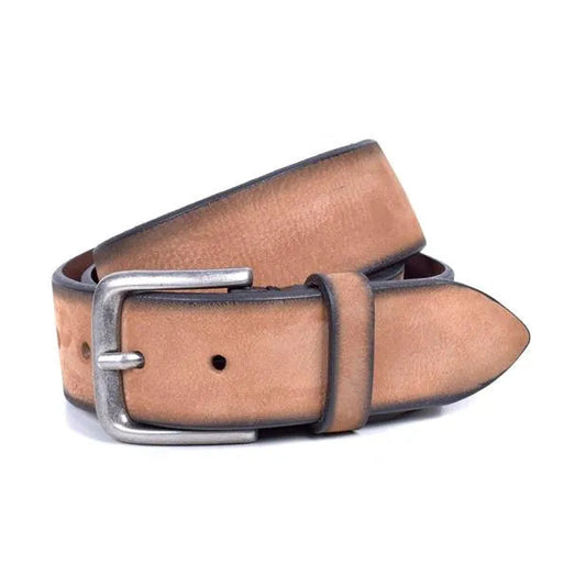 cinturon de cuero camel 40 mm enrollado con hebilla niquel viejo y cantos ahumados