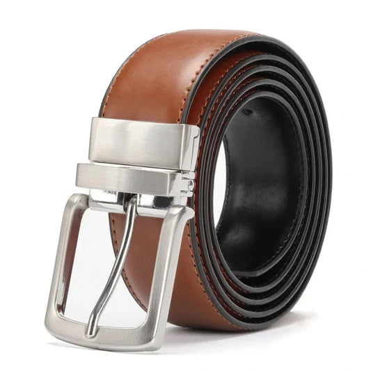 Cinturon reversible enrollado en marron claro y negro con hebilla metalica giratoria