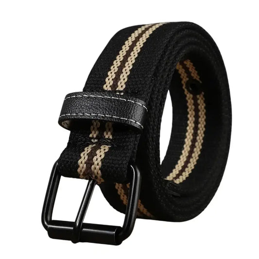 Cinturón de lona negro enrollado con doble raya beige y hebilla metálica negra