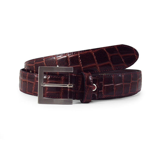 cinturon mujer piel grabado coco marron en vista lateral plano con hebilla rectangular de niquel
