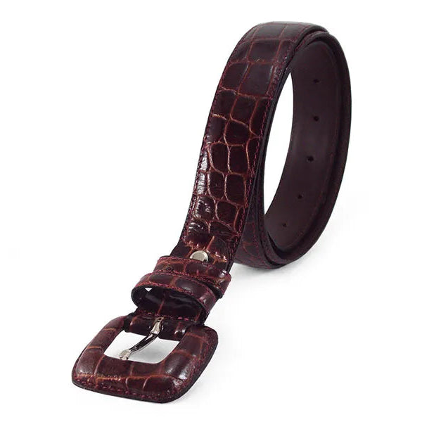 cinturon mujer de piel grabado coco marron en perspectiva diagonal con hebilla forrada y doble pasador