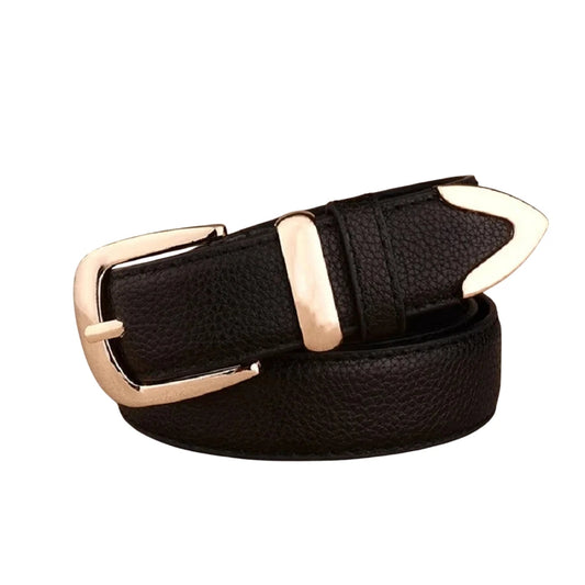 cinturón negro estrecho enrollado con hebilla dorada vista frontal