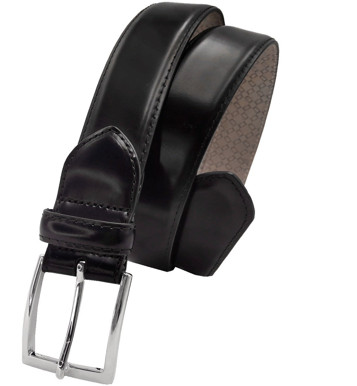 cinturon de piel alomado enrollado con hebilla recta pulida vista general