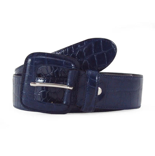 cinturon de piel azul con grabado coco vista lateral hebilla cuadrada forrada