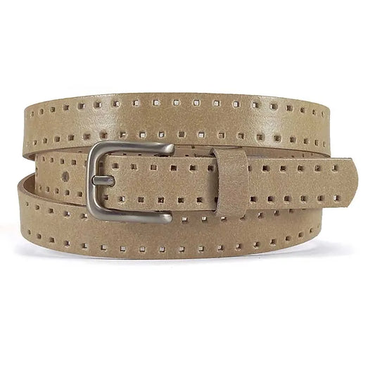 cinturon de piel beige troquelado enrollado con hebilla metalica vista frontal