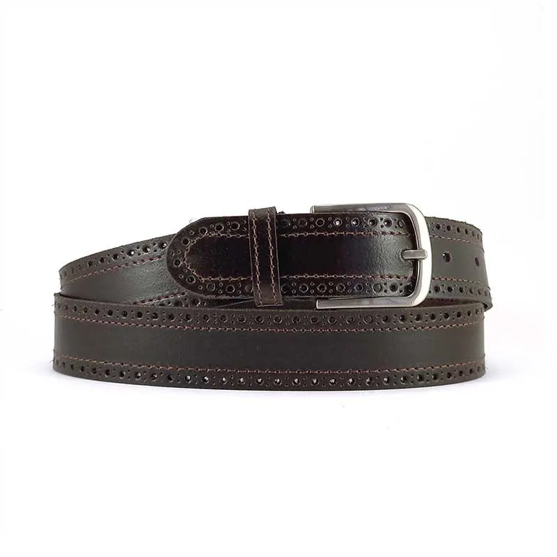 cinturon de piel estilo brogue color marron oscuro con hebilla redondeada vista extendida