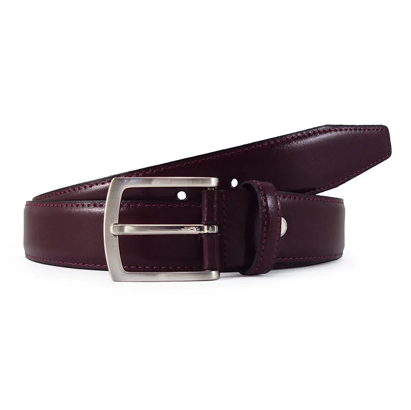 cinturon de piel burdeos enrollado con pespunte y hebilla satinada