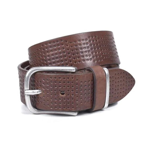 cinturon marron de piel grabada 40 mm enrollado con hebilla niquel