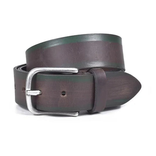 cinturon marron de piel de 40 mm enrollado con hebilla de niquel viejo