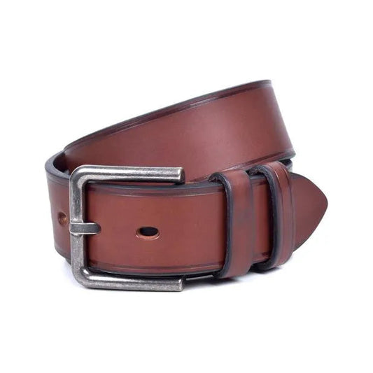 cinturon marron de piel 40 mm vista frontal extendida con doble pasador
