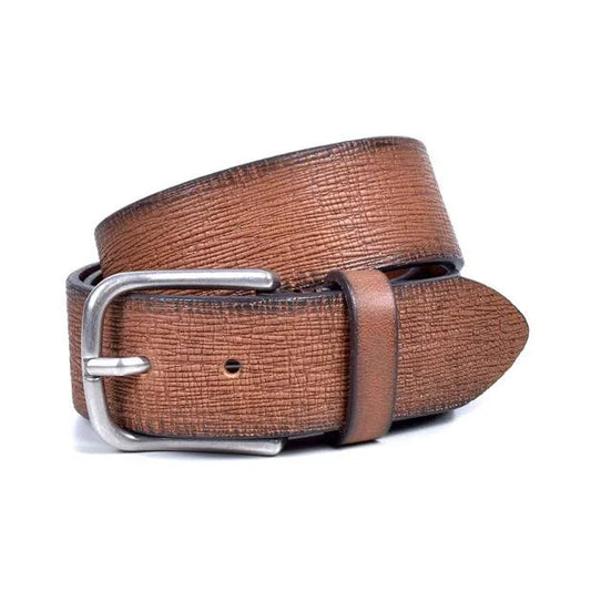 cinturon marron de piel 40 mm enrollado con hebilla niquel y textura cruzada