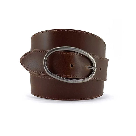 cinturon de piel marron arizona con hebilla oval envejecida vista lateral enrollado