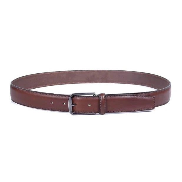 cinturon de piel marron cerrado en forma de circulo con hebilla grafito