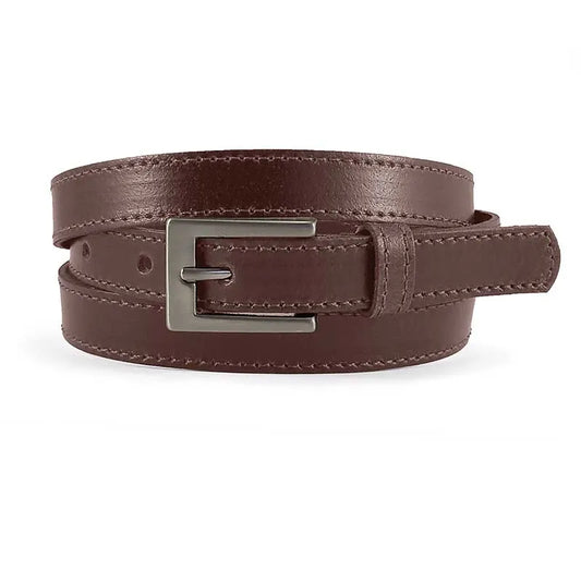 cinturon de piel marron estrecho enrollado con hebilla rectangular niquelada vista frontal
