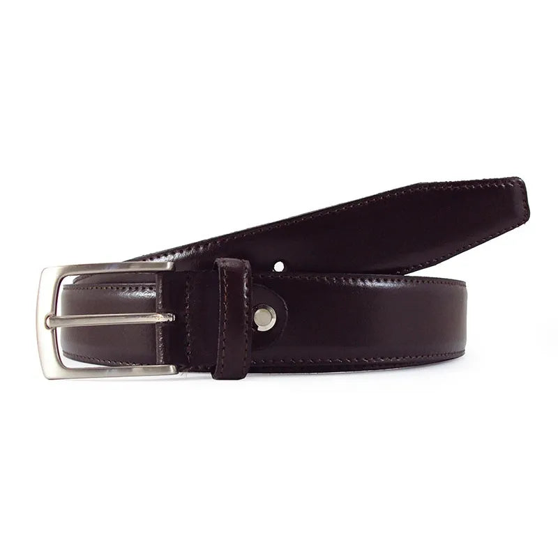 cinturon de piel marron oscuro enrollado con pespunte y hebilla satinada