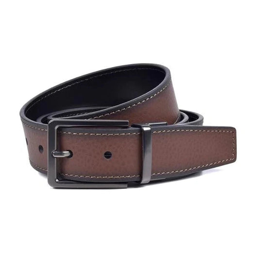 cinturon reversible de piel marron enrollado con hebilla rectangular en rutenio y pespuntes a contraste