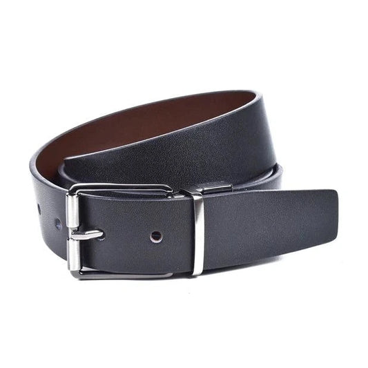 cinturon de piel negro reversible enrollado vista tres cuartos con hebilla niquel