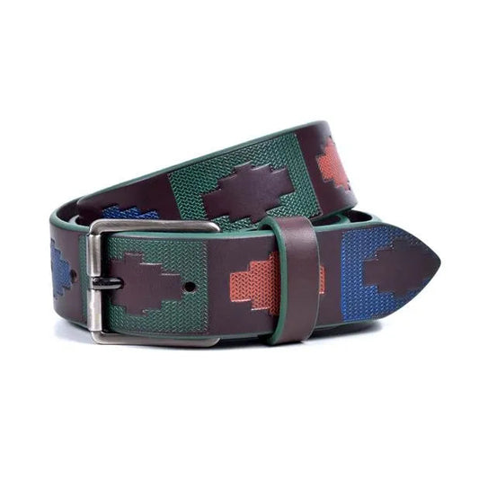 cinturon de piel con motivo pampa multicolor enrollado y hebilla niquel negro