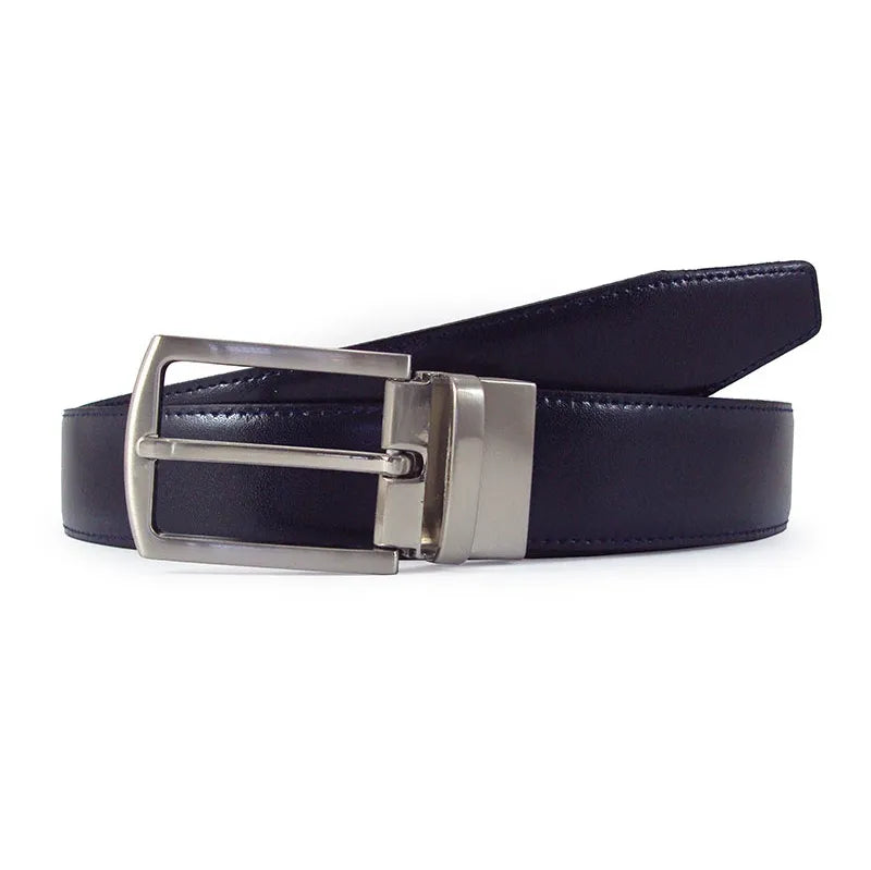 cinturón de piel reversible azul con hebilla clásica niquelada vista frontal