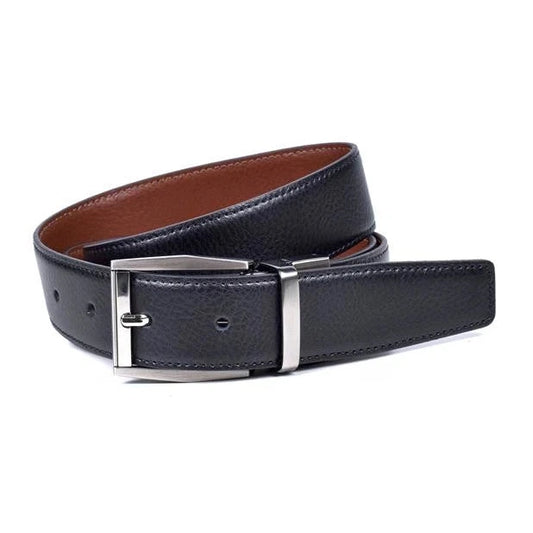 cinturon de piel negro con grano enrollado con hebilla rectangular niquel y mecanismo reversible