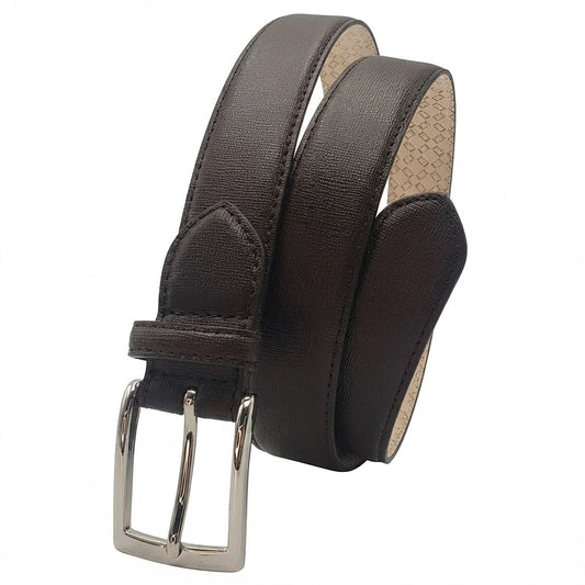 cinturon de piel saffiano clasico enrollado con hebilla metalica en acabado niquel