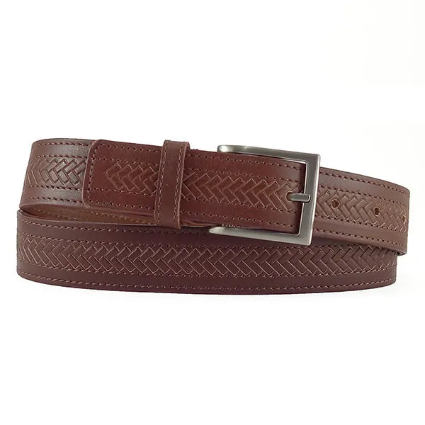 cinturón de piel vaqueta con trenzado geometrico y hebilla metalica rectangular