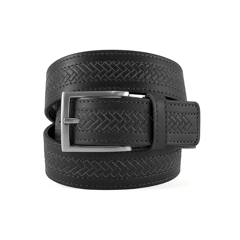 cinturón de piel vaqueta enrollado con dibujo trenzado y hebilla metalica