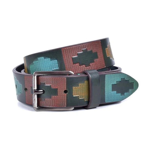 cinturón de piel verde con diseño pampa multicolor y hebilla níquel negro visto enrollado